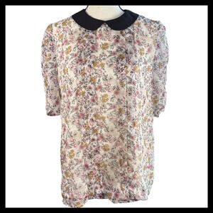 Floral Blouse Black Collar Sheer Pink Yellow Flowers Cute‎ Top Size Small